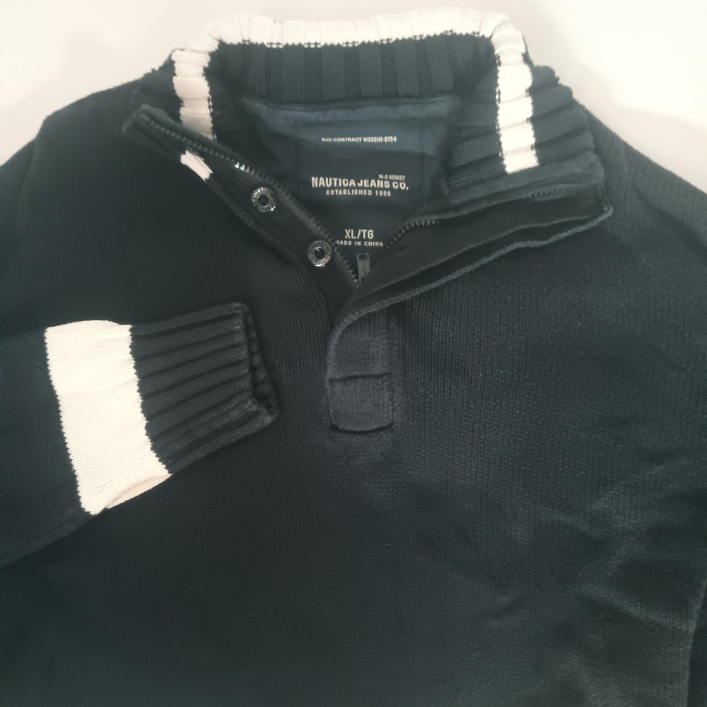 Nautica Jeans Co Mens XL Navy Blue White Striped Quarter Zip Cotton Knit Sweater